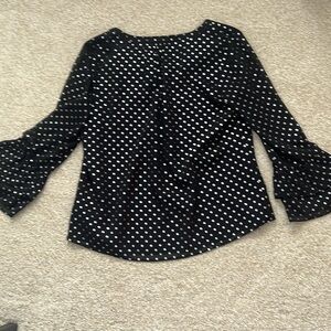 Talbots pullover blouse, black with shiny silver polka dots.  Size large petite